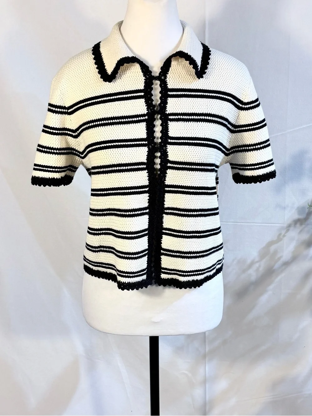 💥NWT J.Crew Photo Sample Striped Crochet Knit Sweater Shirt Cotton Sz M🧡